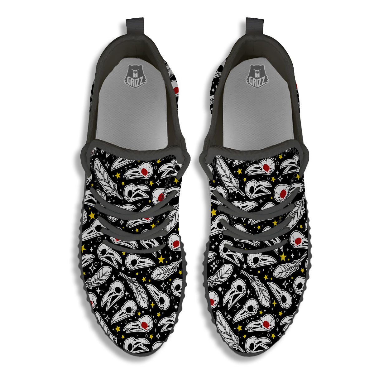 Crow Skull And Feathers Print Pattern Black Walking Shoes-grizzshop