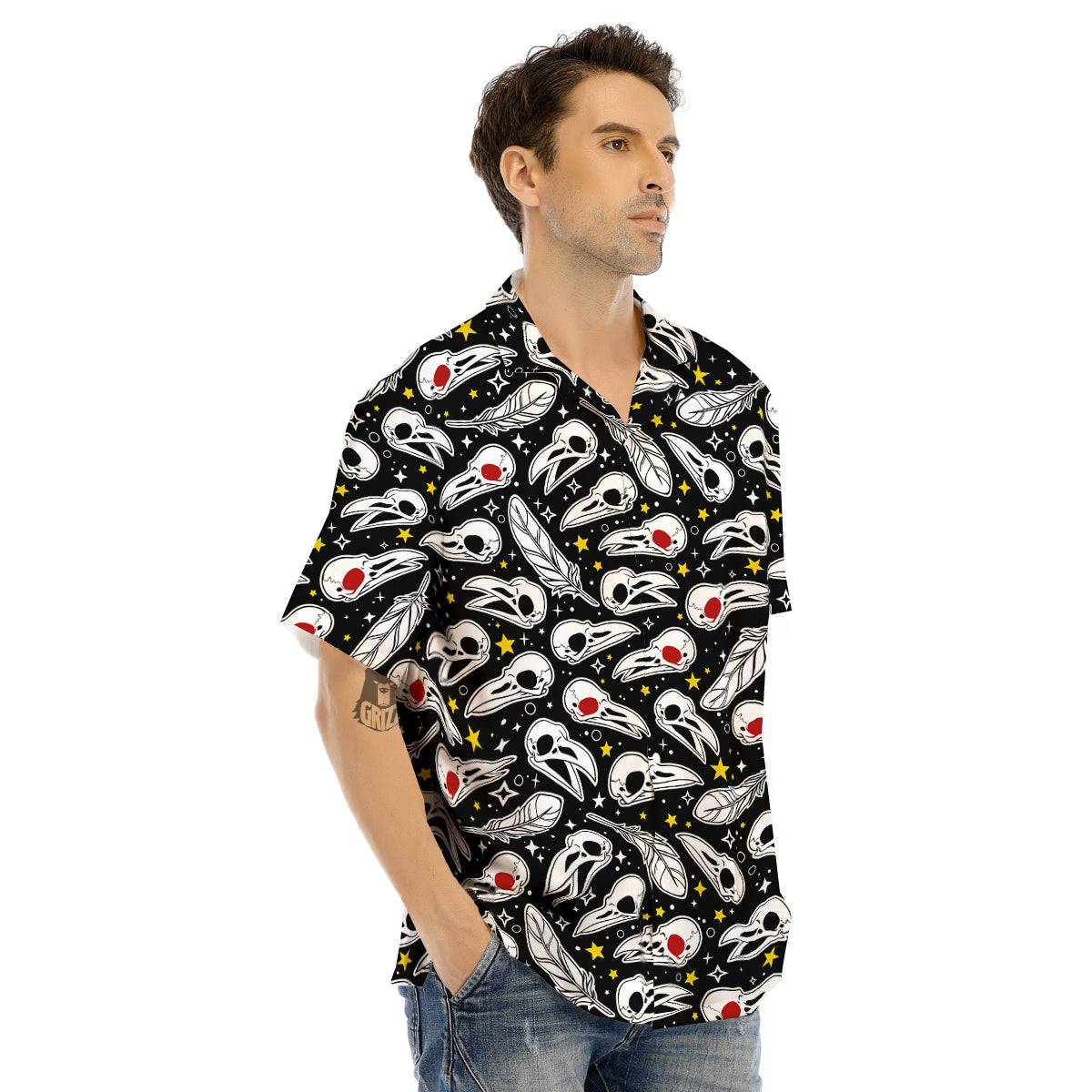 Crow Skull And Feathers Print Pattern Men's Hawaiian Shirt-grizzshop