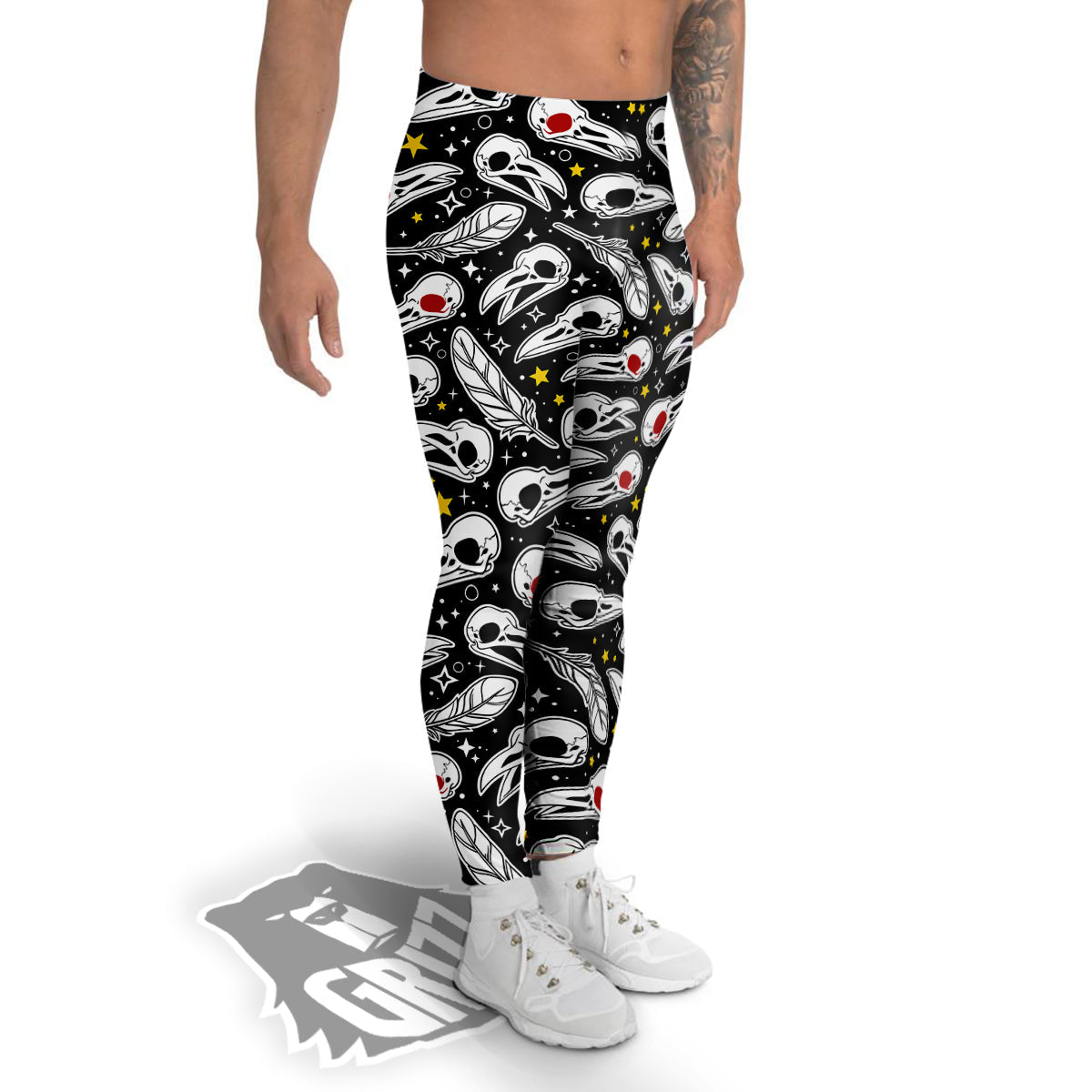 Crow Skull And Feathers Print Pattern Men's Leggings-grizzshop