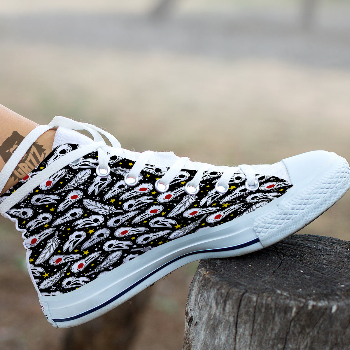 Crow Skull And Feathers Print Pattern White High Top Shoes-grizzshop