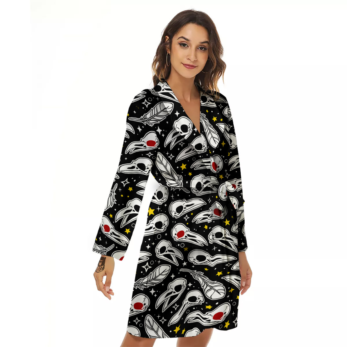 Crow Skull And Feathers Print Pattern Women's Robe-grizzshop