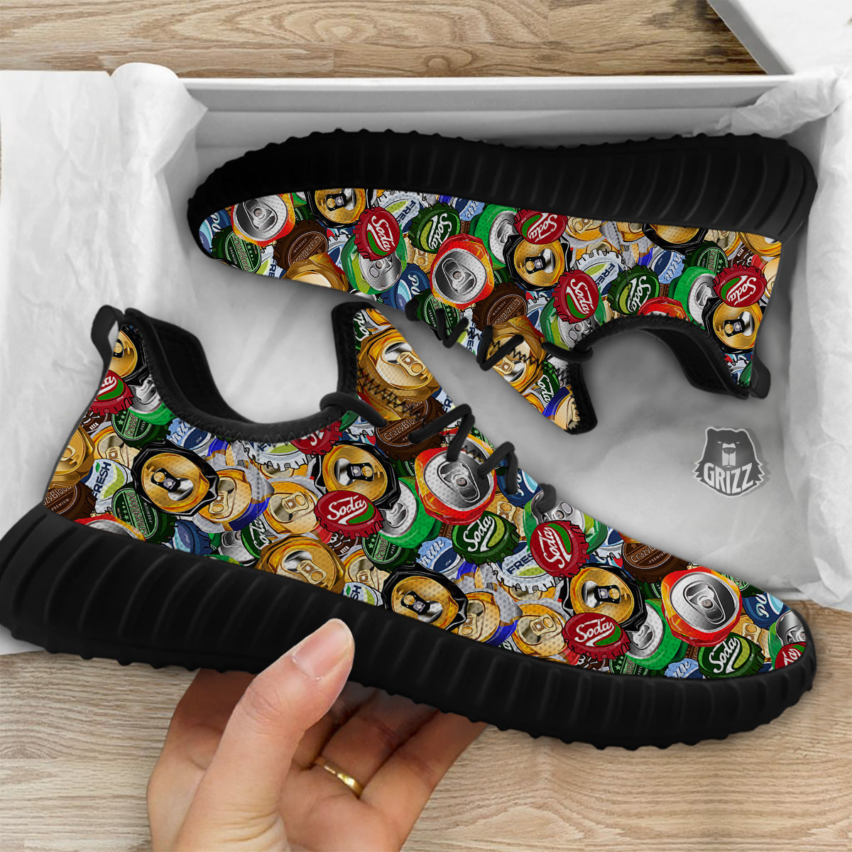 Crumpled Cans And Caps Print Pattern Black Walking Shoes-grizzshop