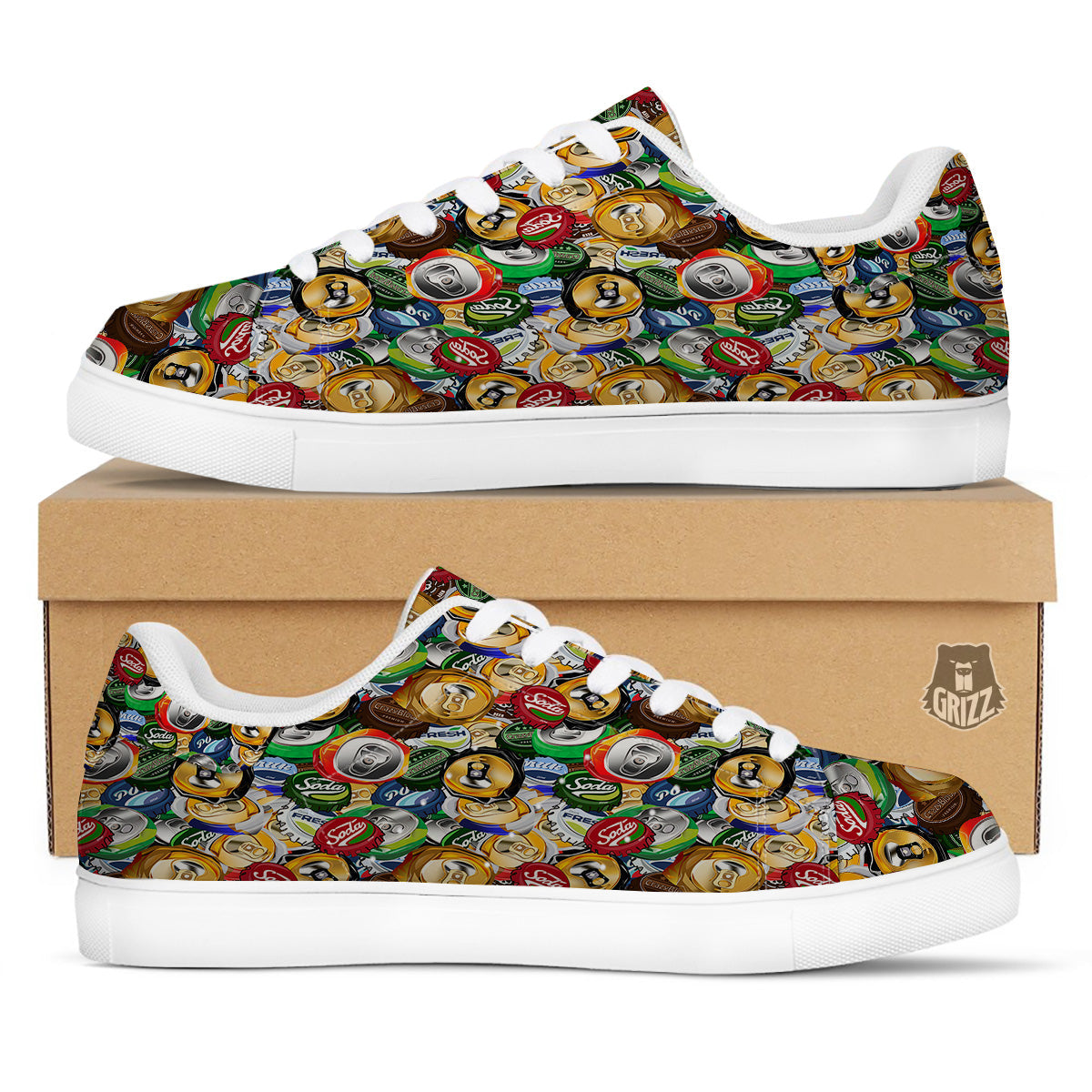 Crumpled Cans And Caps Print Pattern White Low Top Sneakers-grizzshop