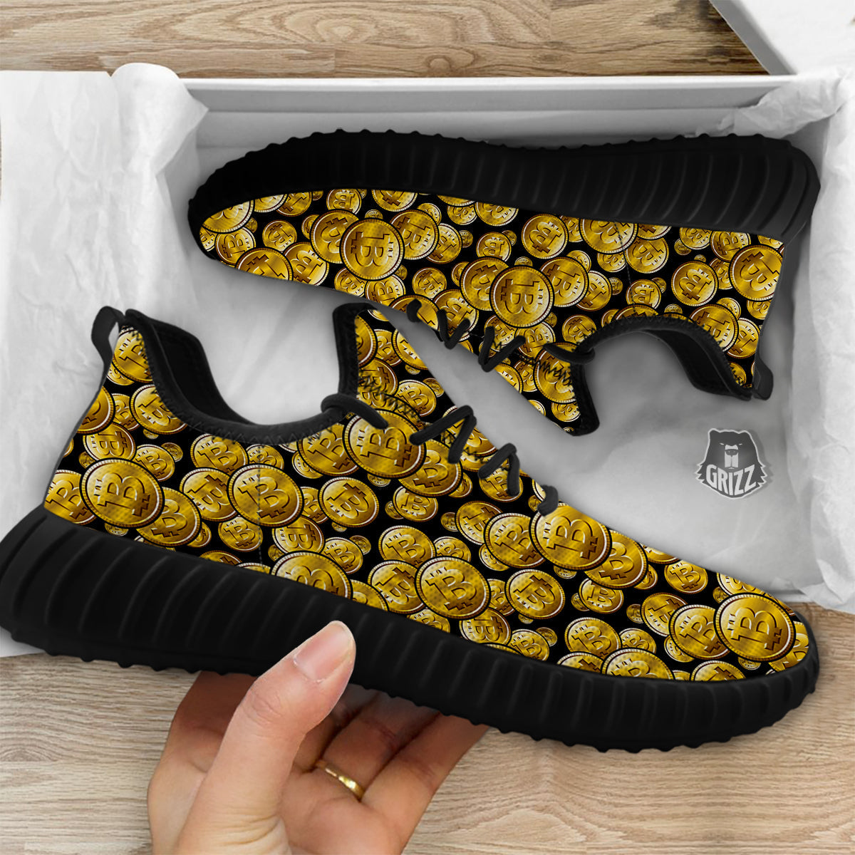 Crypto Bitcoin Print Pattern Black Walking Shoes-grizzshop