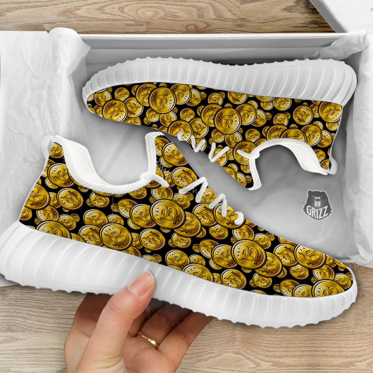 Crypto Bitcoin Print Pattern White Walking Shoes-grizzshop