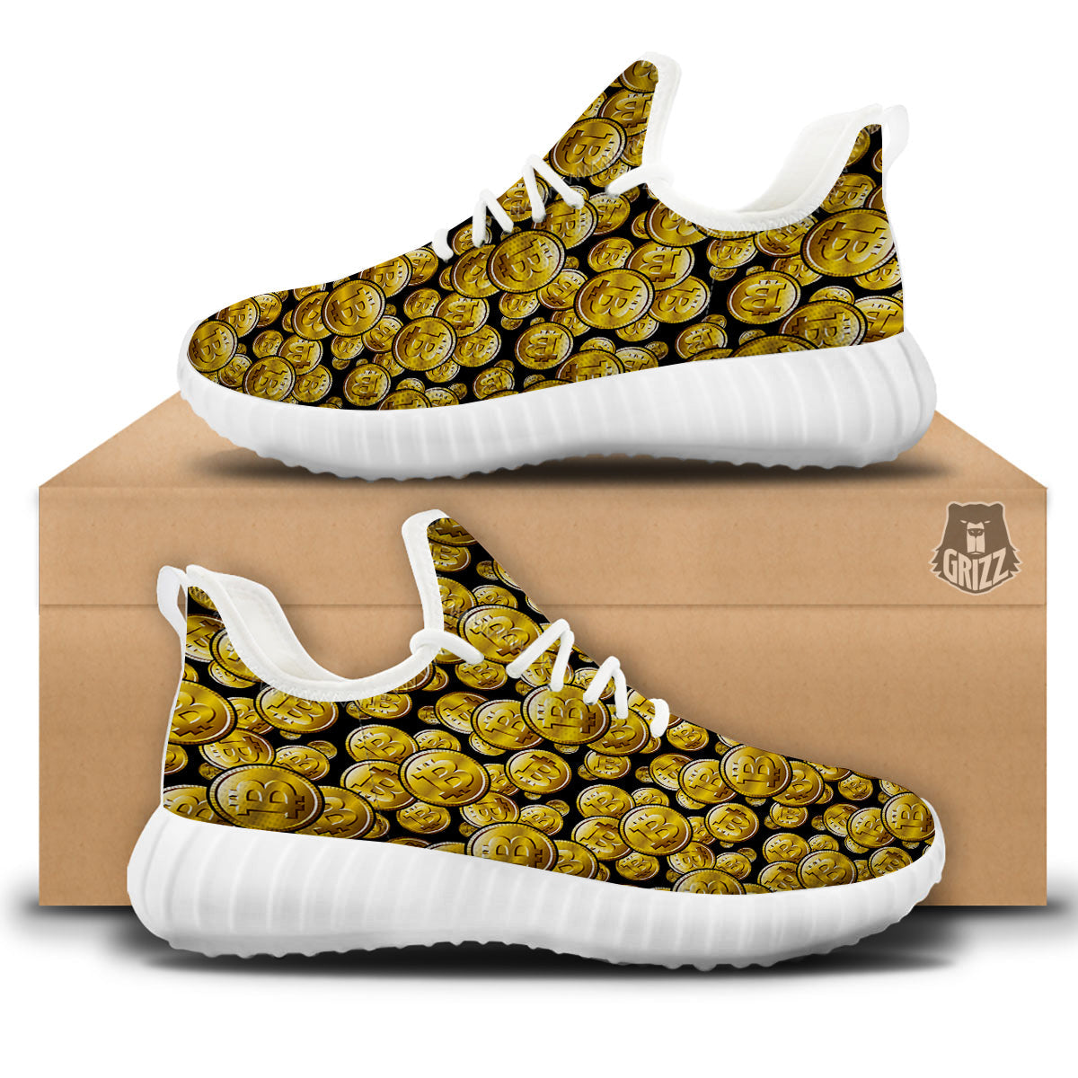 Crypto Bitcoin Print Pattern White Walking Shoes-grizzshop