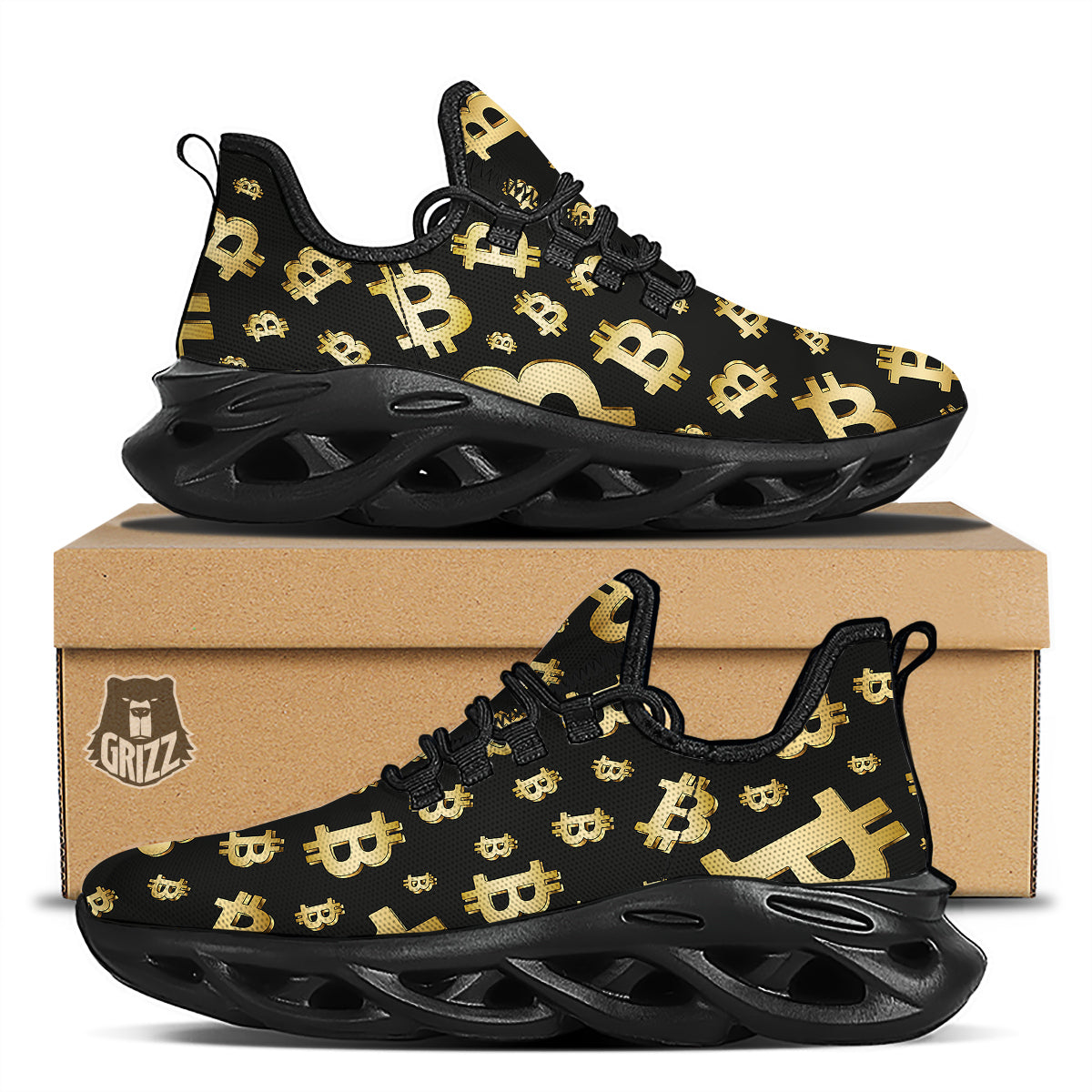 Cryptocurrency Bitcoin Print Pattern Black Running Shoes-grizzshop