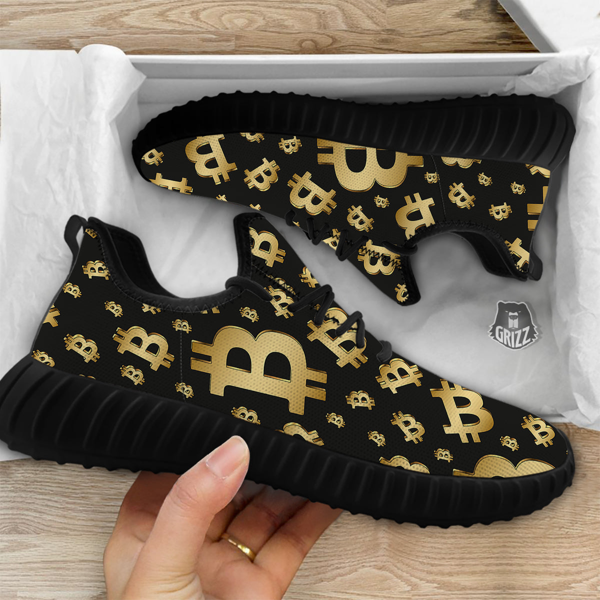 Cryptocurrency Bitcoin Print Pattern Black Walking Shoes-grizzshop