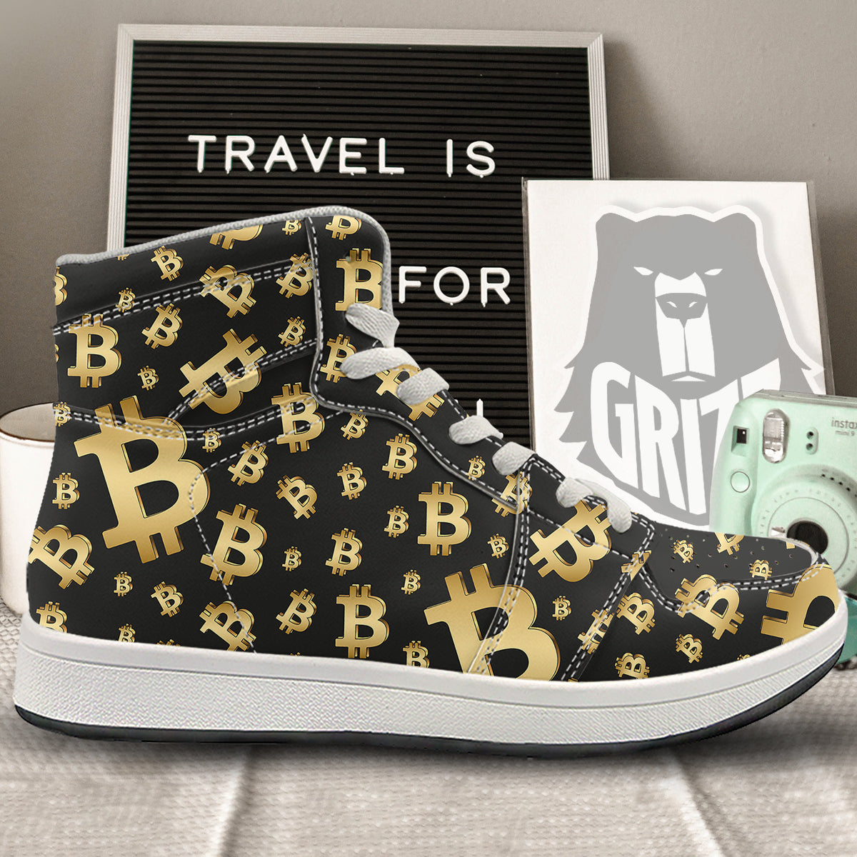 Cryptocurrency Bitcoin Print Pattern High Top Sneakers-grizzshop