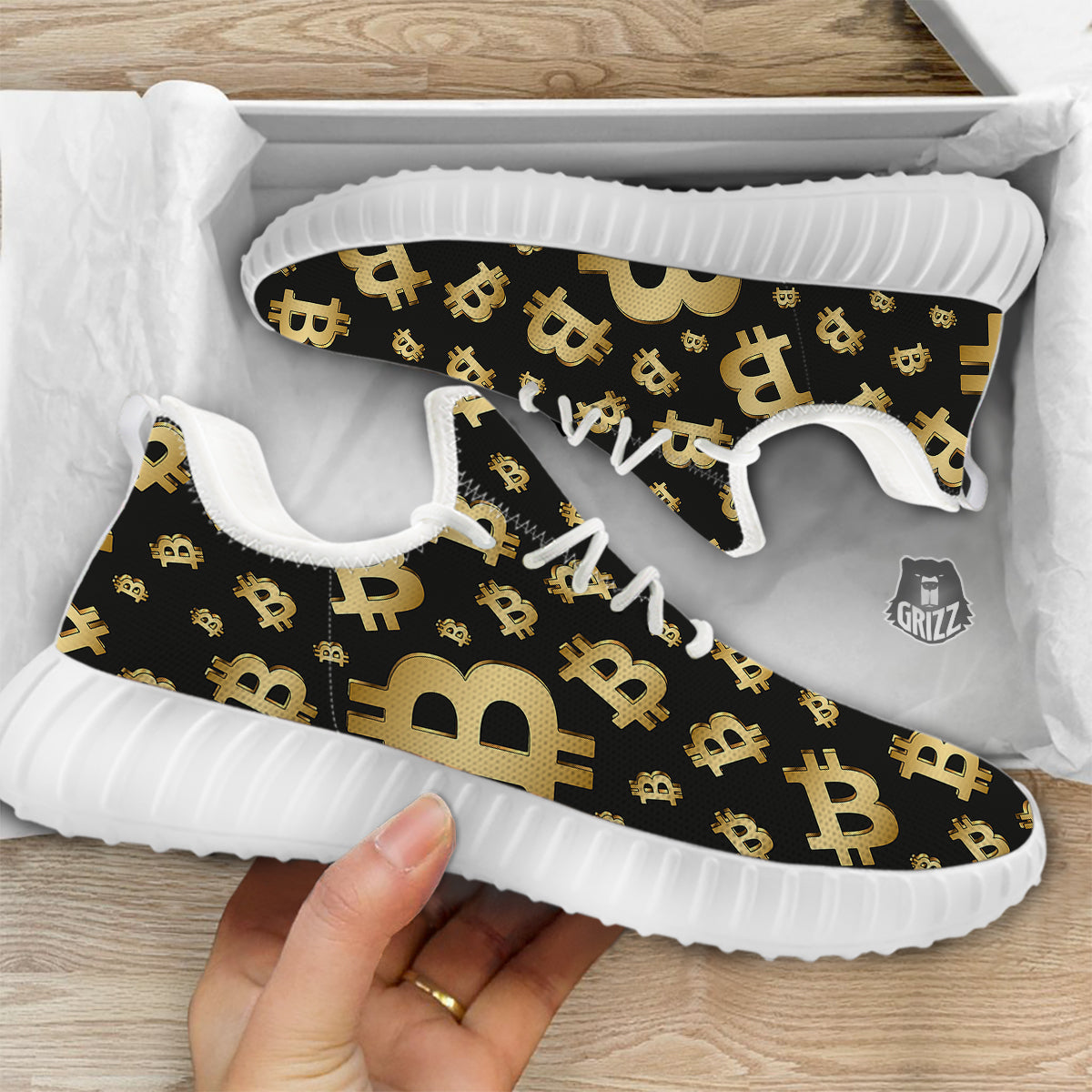 Cryptocurrency Bitcoin Print Pattern White Walking Shoes-grizzshop