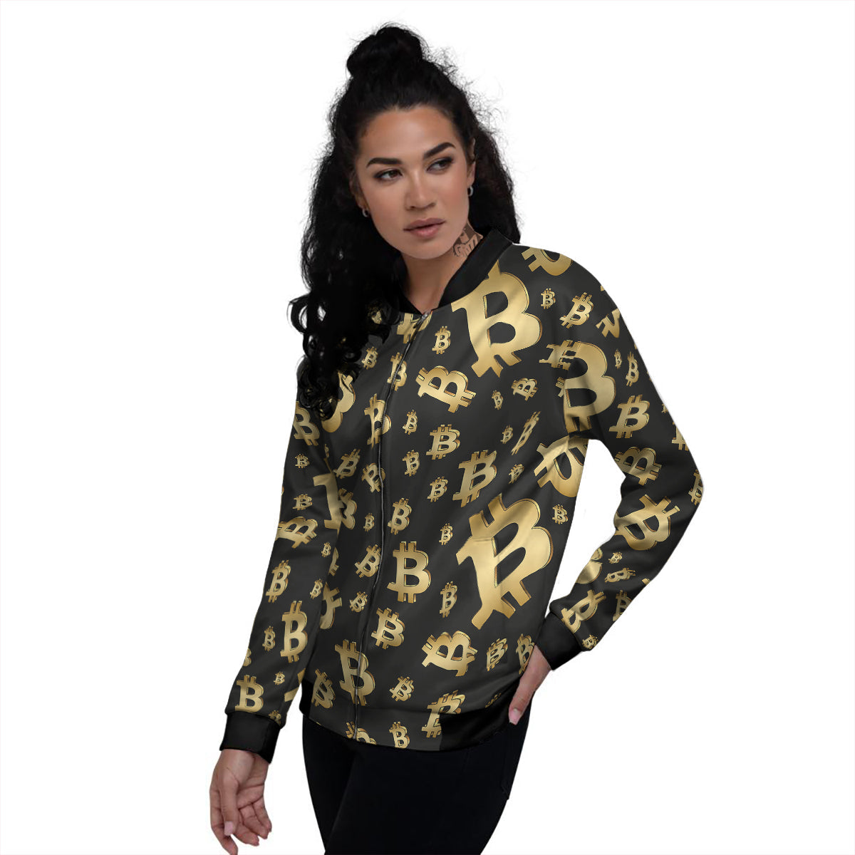 Cryptocurrency Bitcoin Print Pattern Women's Bomber Jacket-grizzshop