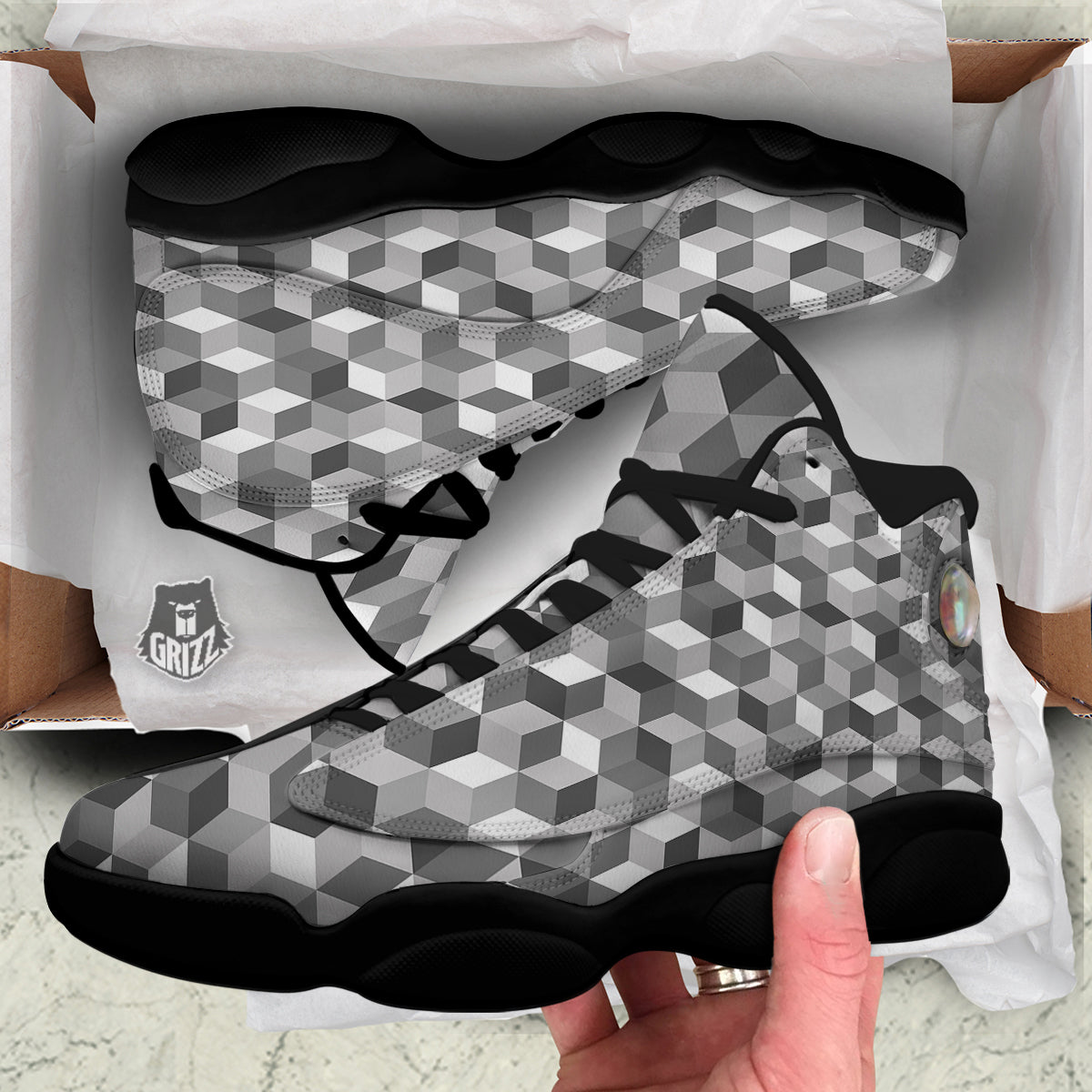 Cube Geometric Shape White Print Pattern Black Basketball Shoes-grizzshop