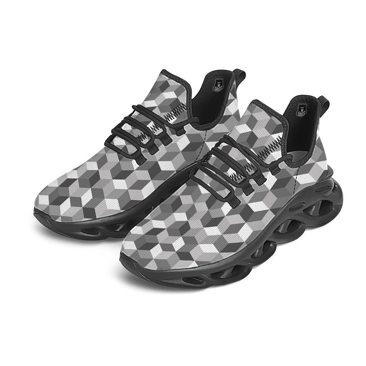 Cube Geometric Shape White Print Pattern Black Running Shoes-grizzshop