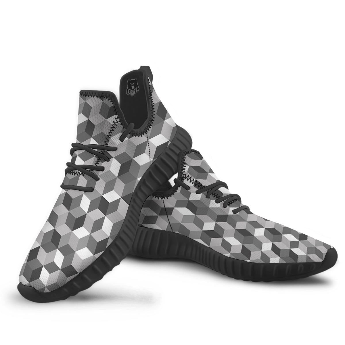 Cube Geometric Shape White Print Pattern Black Walking Shoes-grizzshop