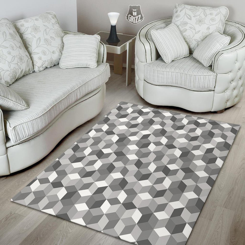 Cube Geometric Shape White Print Pattern Floor Mat-grizzshop