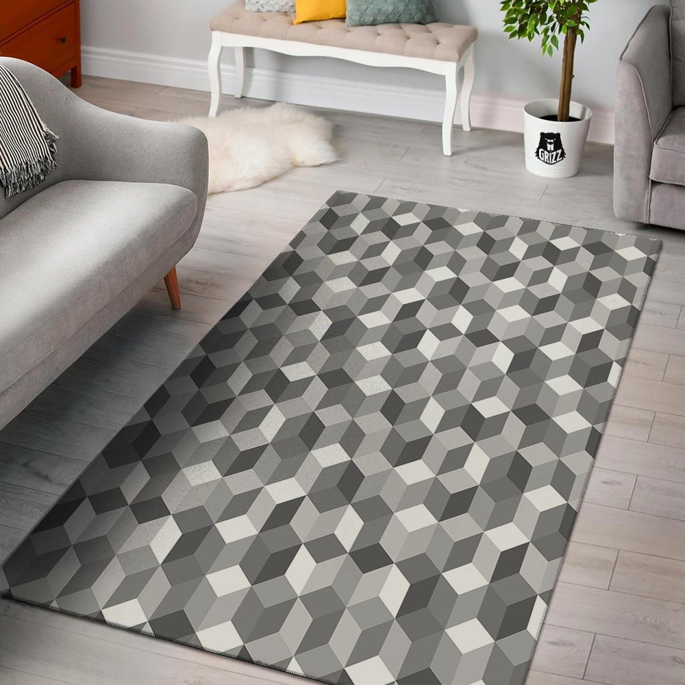 Cube Geometric Shape White Print Pattern Floor Mat-grizzshop