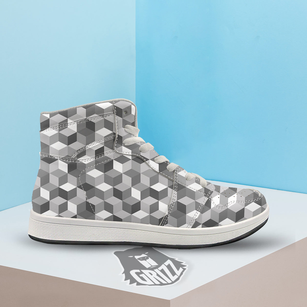 Cube Geometric Shape White Print Pattern High Top Sneakers-grizzshop