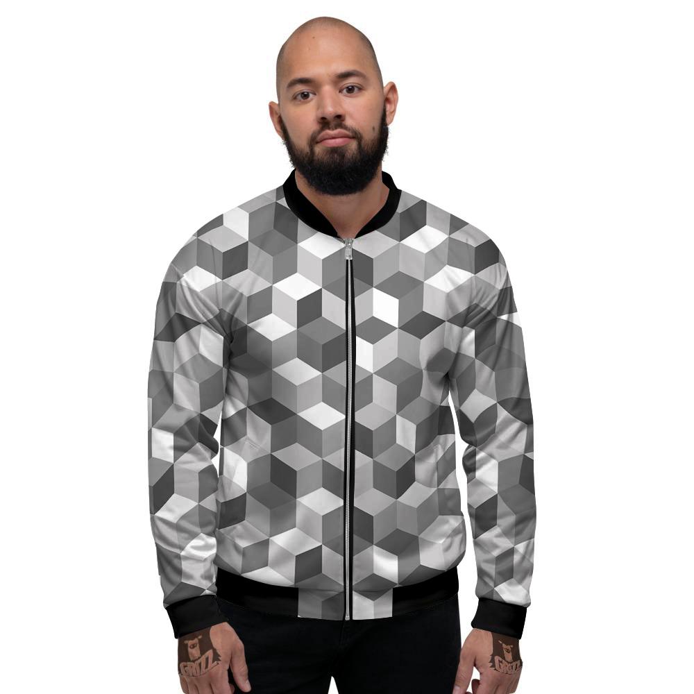Cube Geometric Shape White Print Pattern Men's Bomber Jacket-grizzshop