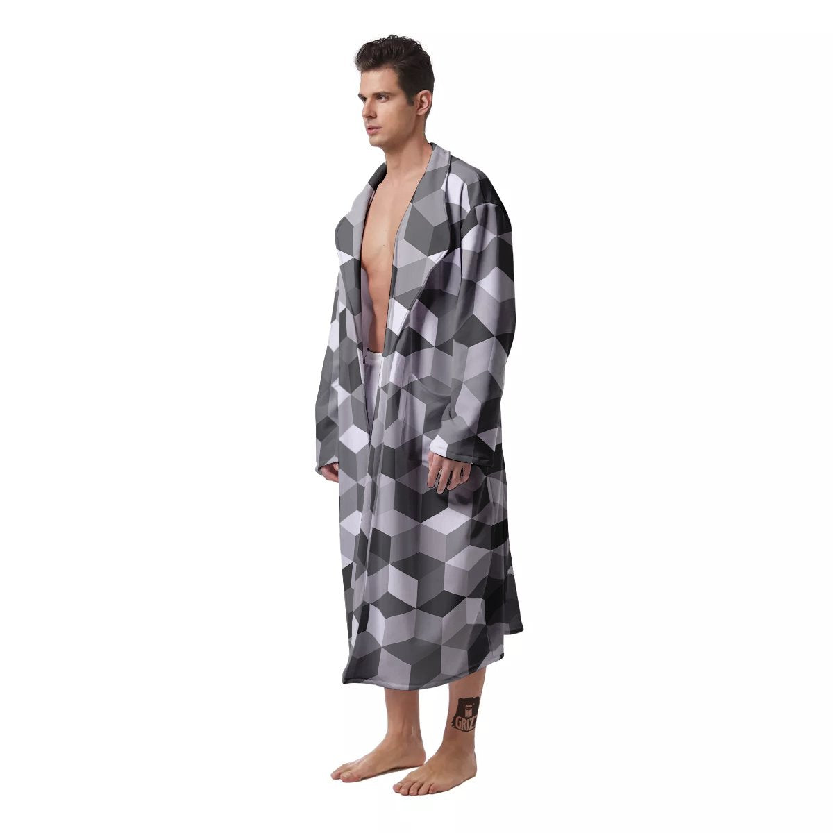 Cube Geometric Shape White Print Pattern Men's Robe-grizzshop