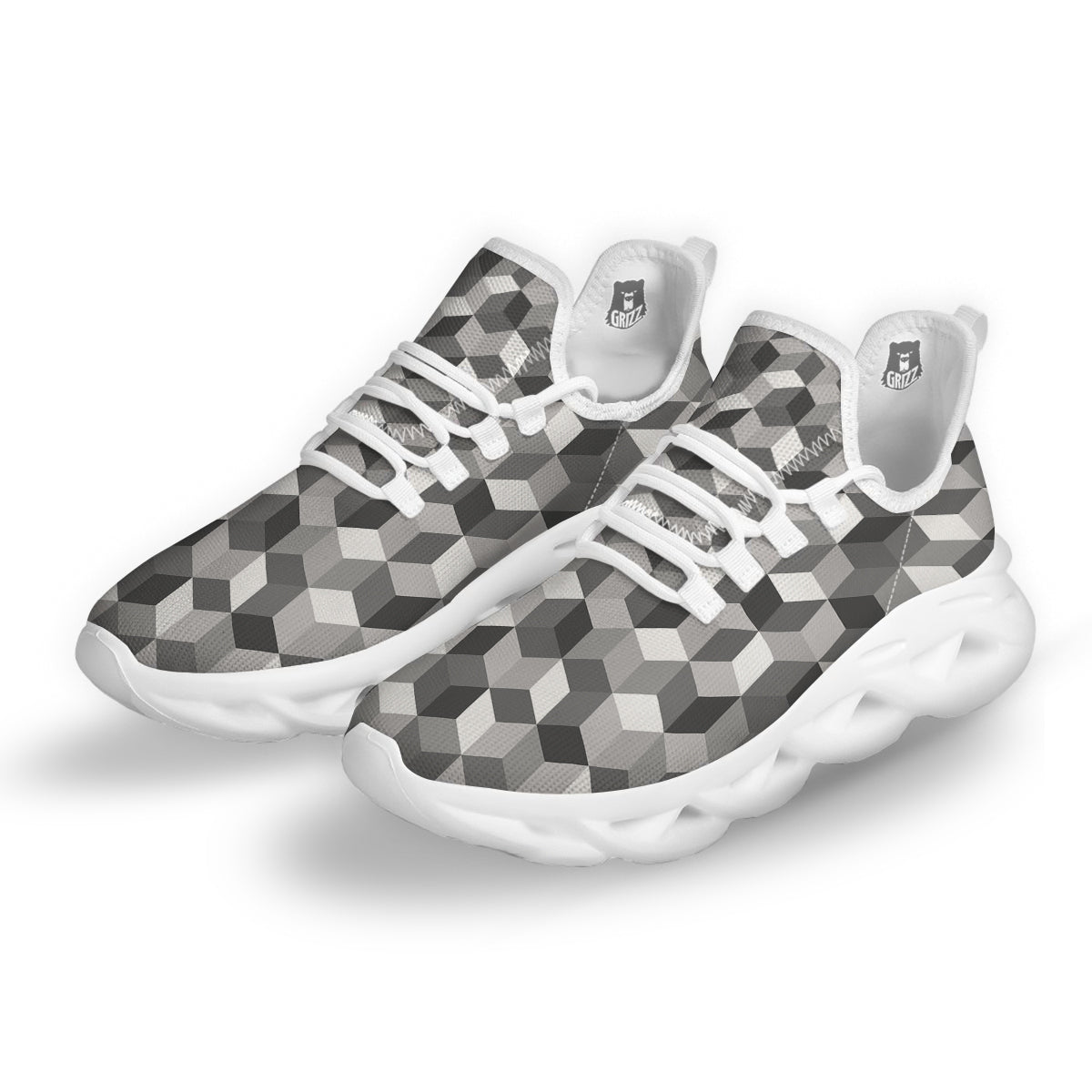 Cube Geometric Shape White Print Pattern White Running Shoes-grizzshop