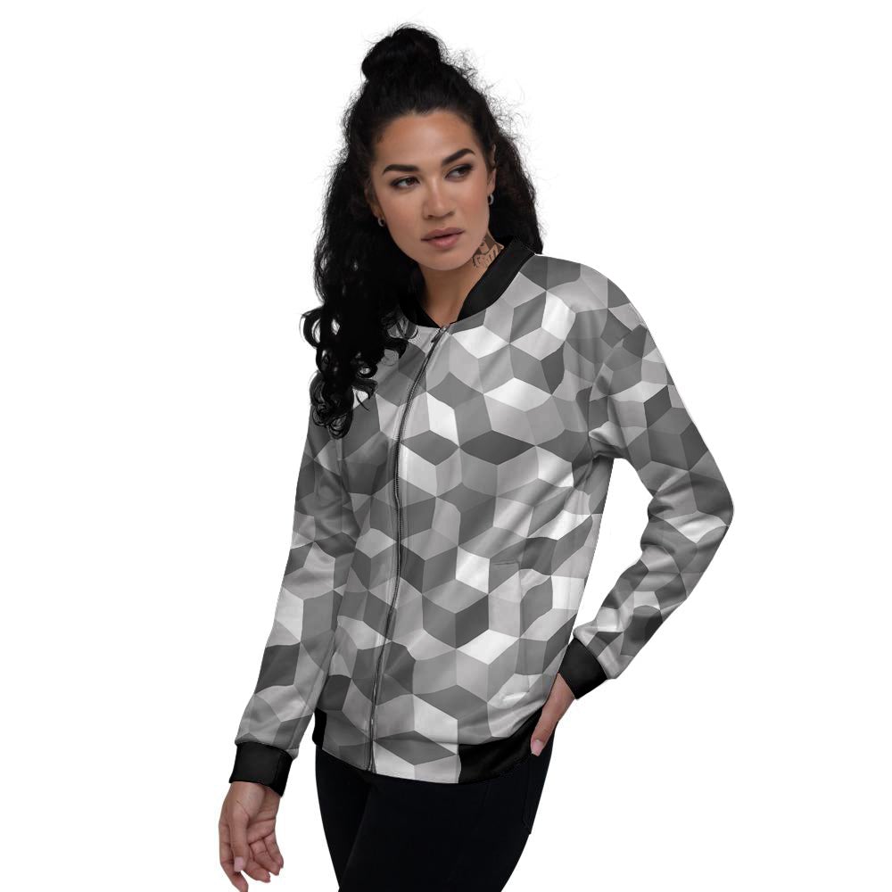 Cube Geometric Shape White Print Pattern Women's Bomber Jacket-grizzshop