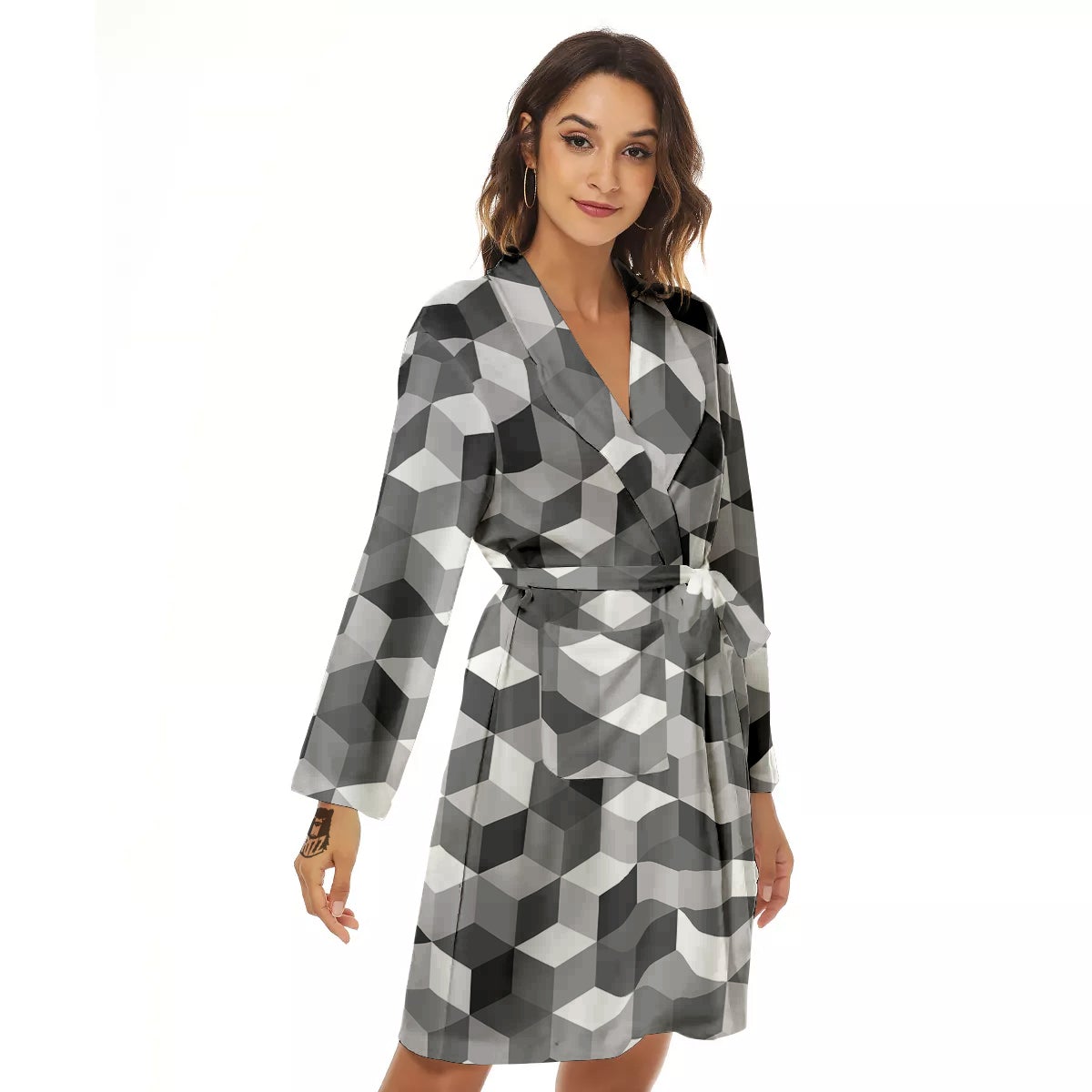 Cube Geometric Shape White Print Pattern Women's Robe-grizzshop