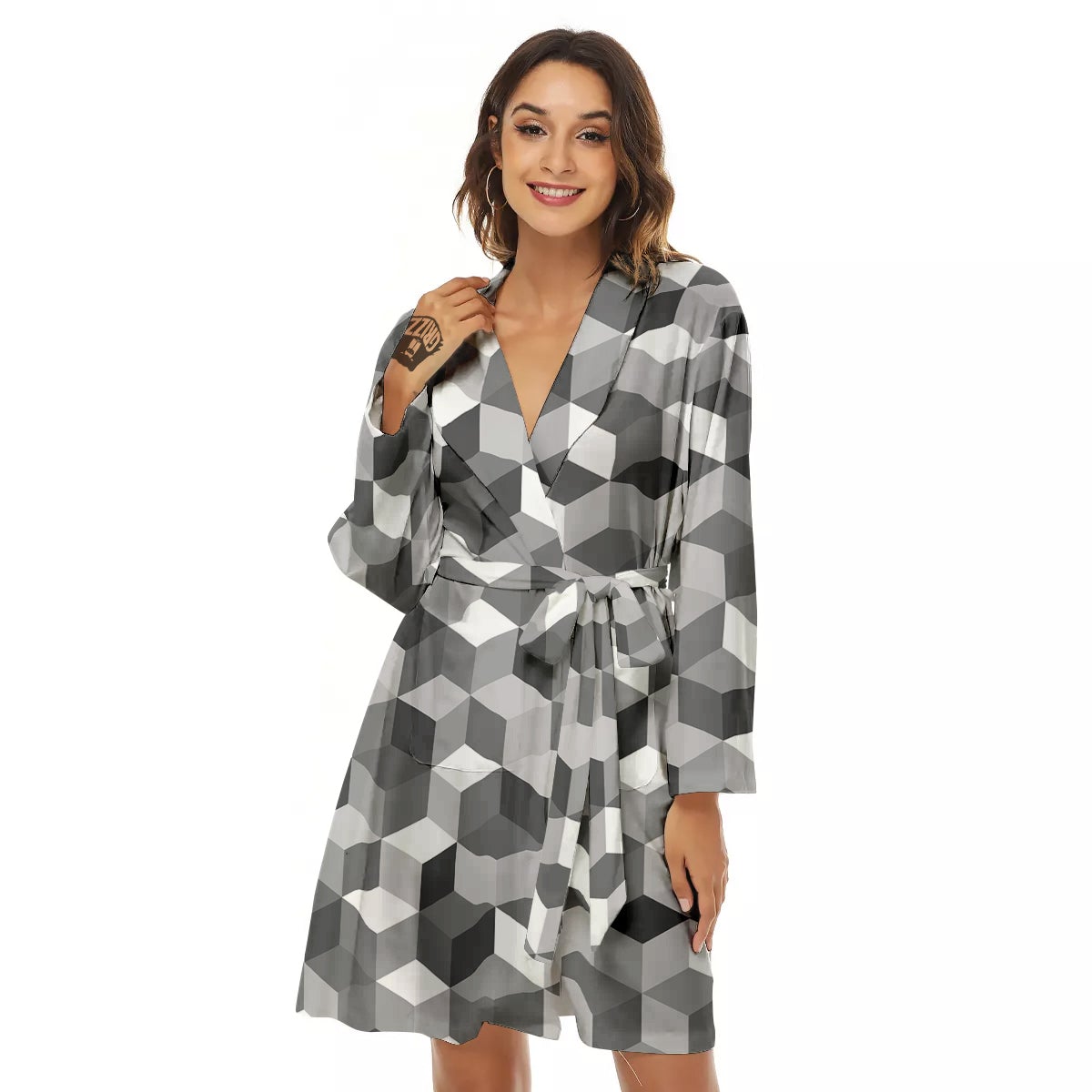 Cube Geometric Shape White Print Pattern Women's Robe-grizzshop