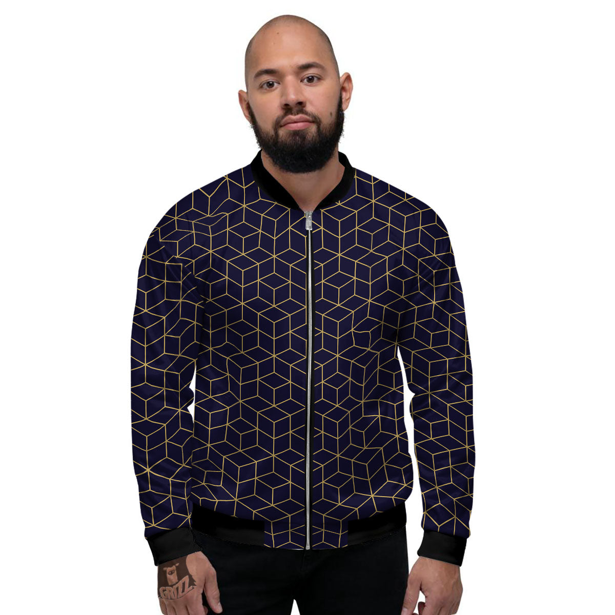 Cube Shape Black Geometric Print Pattern Men's Bomber Jacket-grizzshop