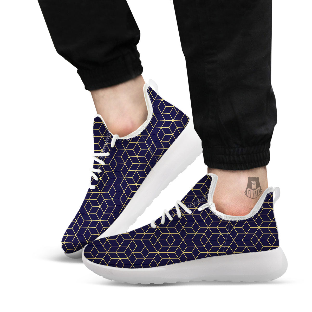 Cube Shape Black Geometric Print Pattern White Athletic Shoes-grizzshop