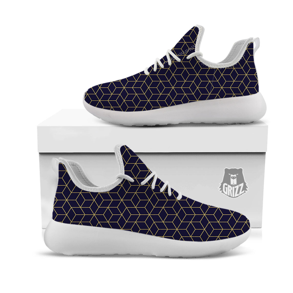 Cube Shape Black Geometric Print Pattern White Athletic Shoes-grizzshop