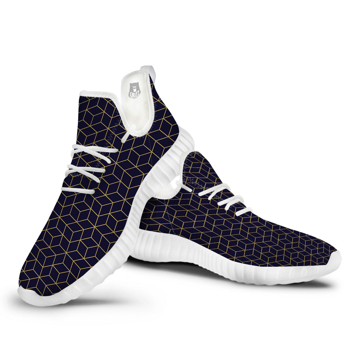 Cube Shape Black Geometric Print Pattern White Walking Shoes-grizzshop