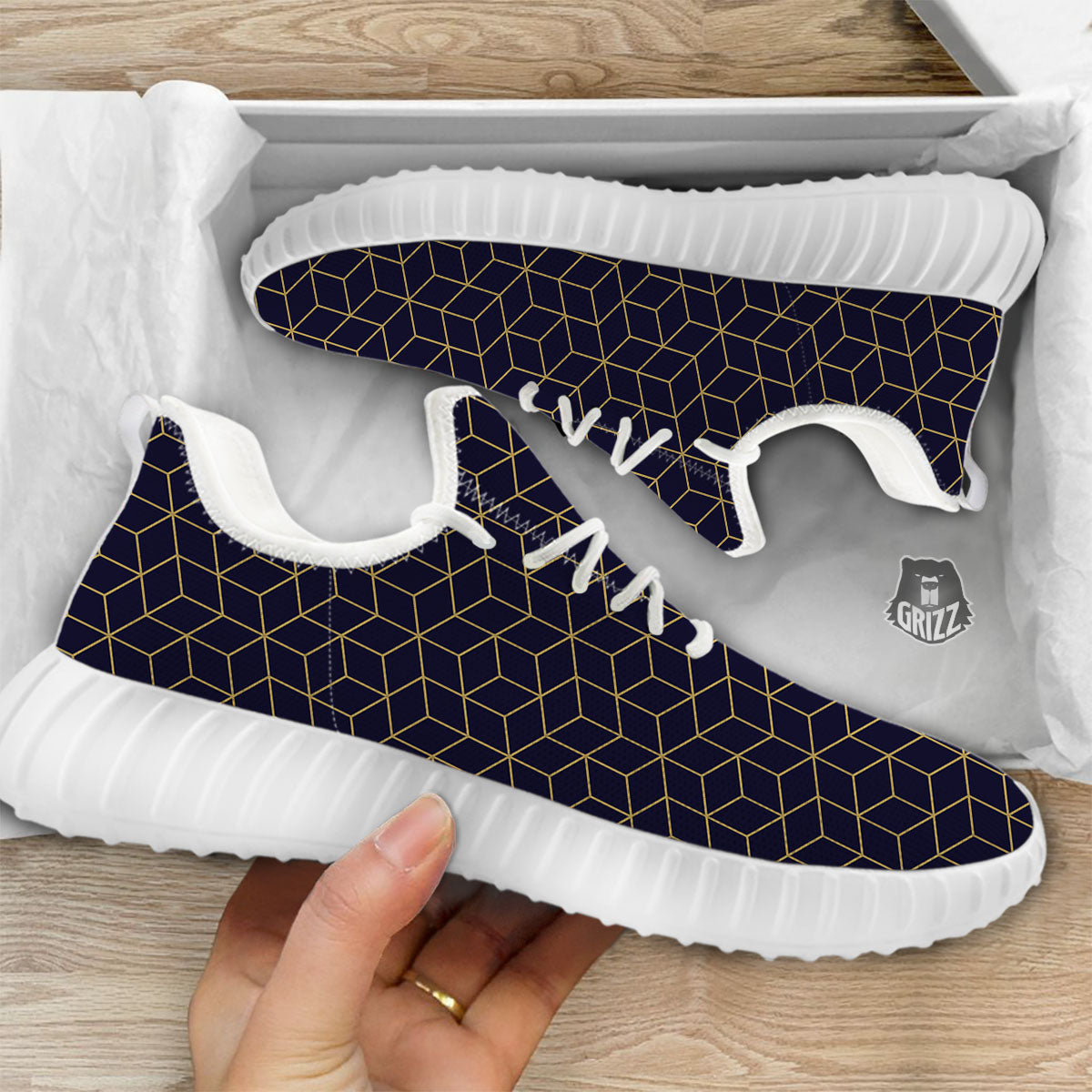 Cube Shape Black Geometric Print Pattern White Walking Shoes-grizzshop