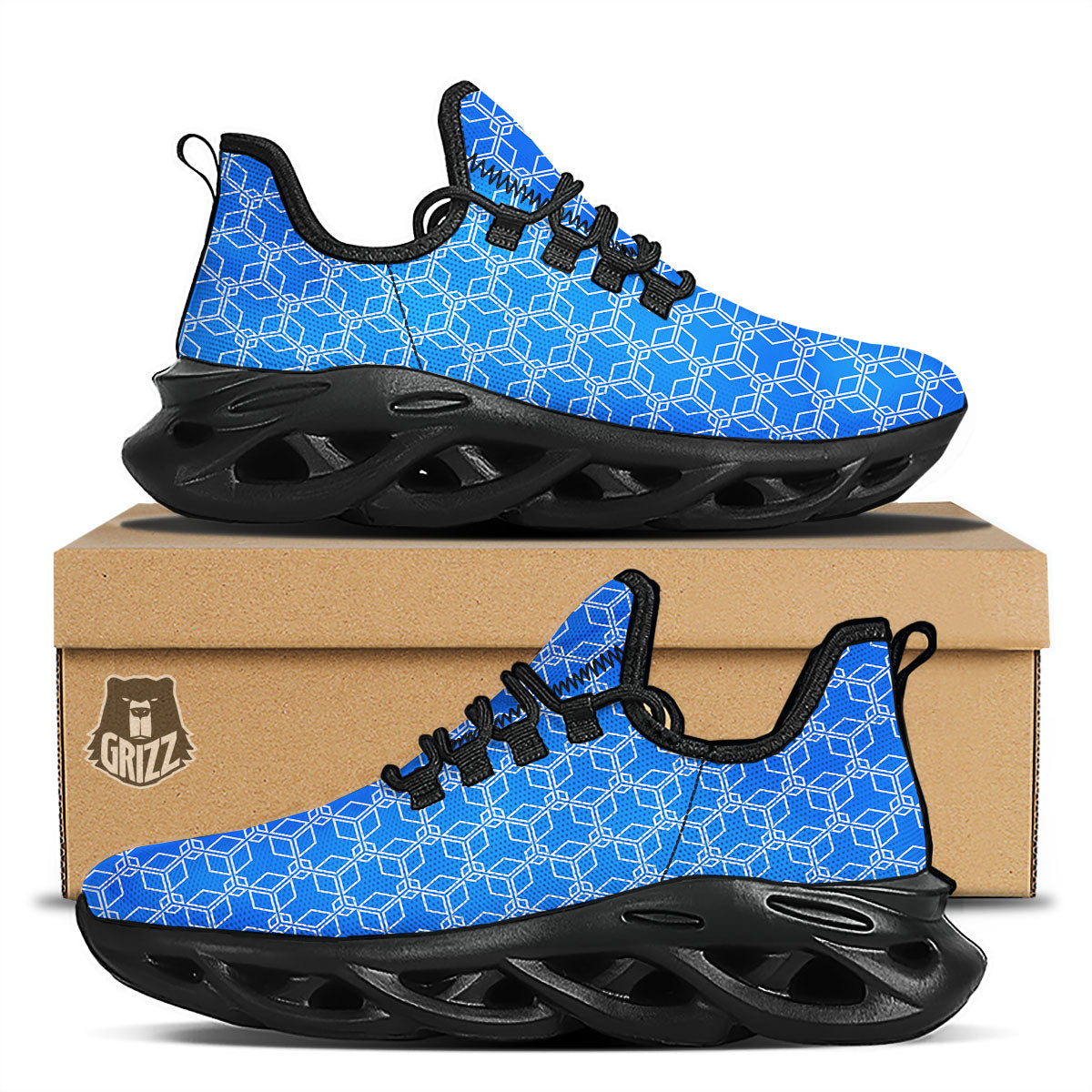 Cube Shape Blue Geometric Print Pattern Black Running Shoes-grizzshop