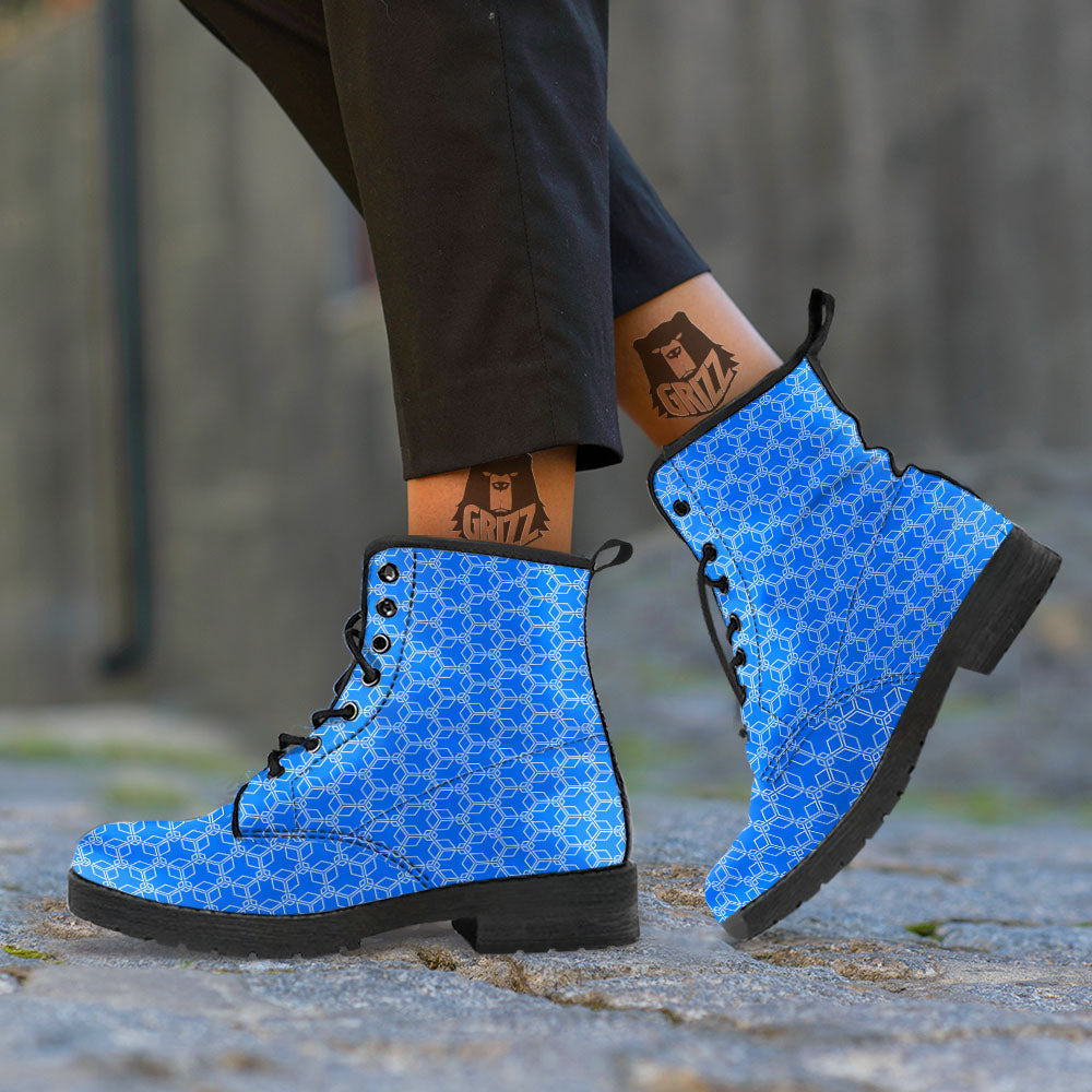 Cube Shape Blue Geometric Print Pattern Leather Boots-grizzshop