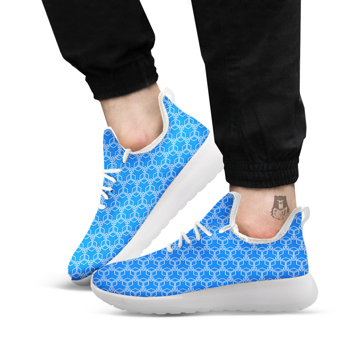 Cube Shape Blue Geometric Print Pattern White Athletic Shoes-grizzshop