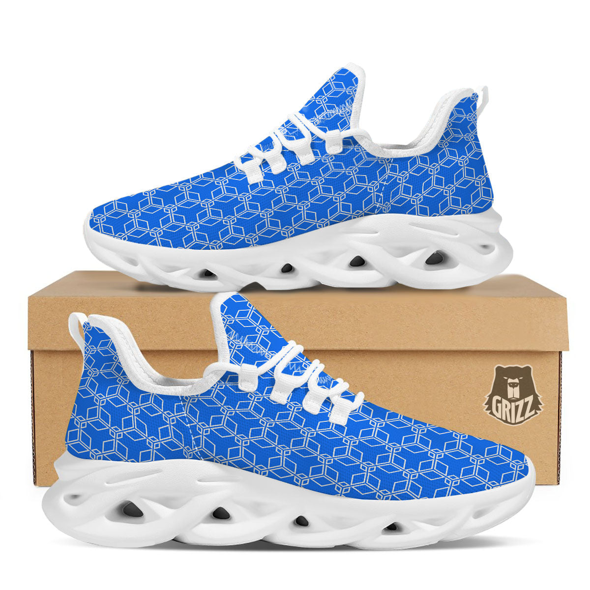 Cube Shape Blue Geometric Print Pattern White Running Shoes-grizzshop