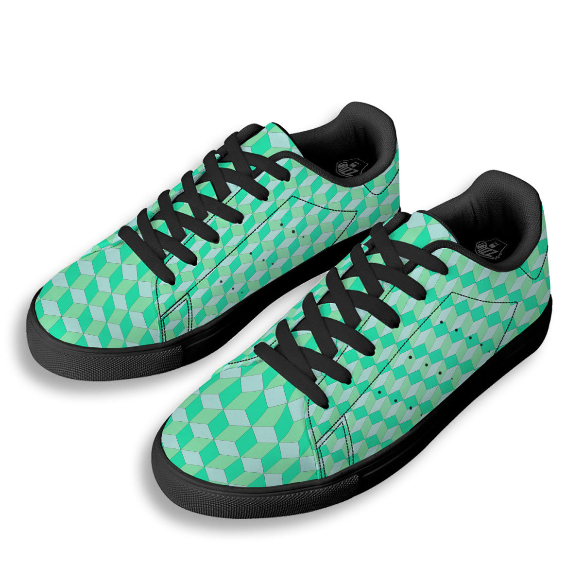Cube Shape Green Geometric Print Pattern Black Low Top Sneakers-grizzshop