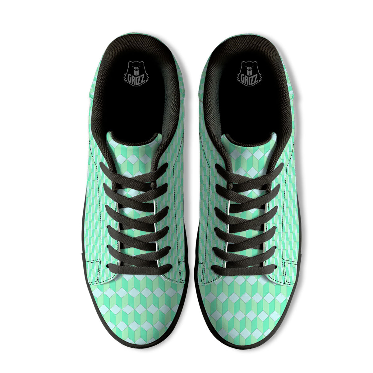 Cube Shape Green Geometric Print Pattern Black Low Top Sneakers-grizzshop
