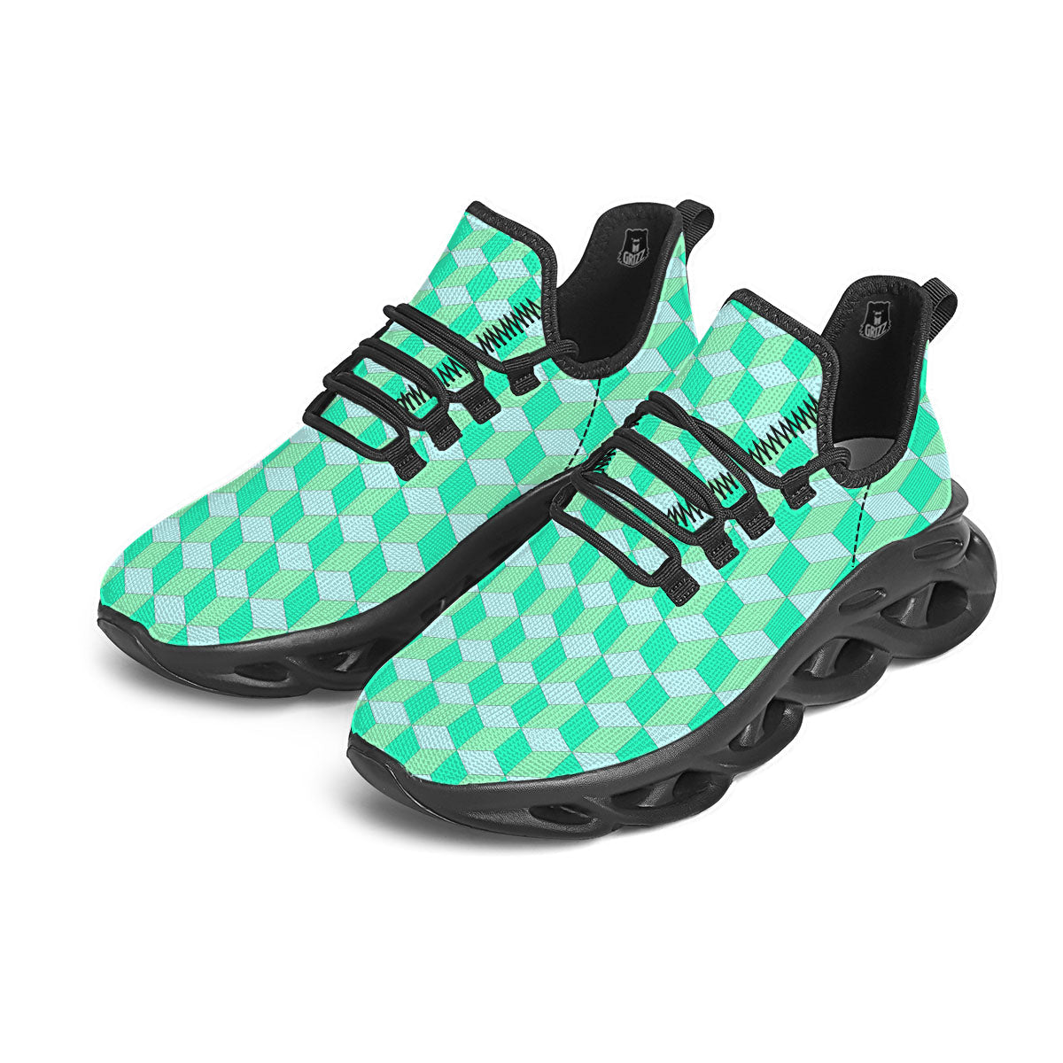 Cube Shape Green Geometric Print Pattern Black Running Shoes-grizzshop