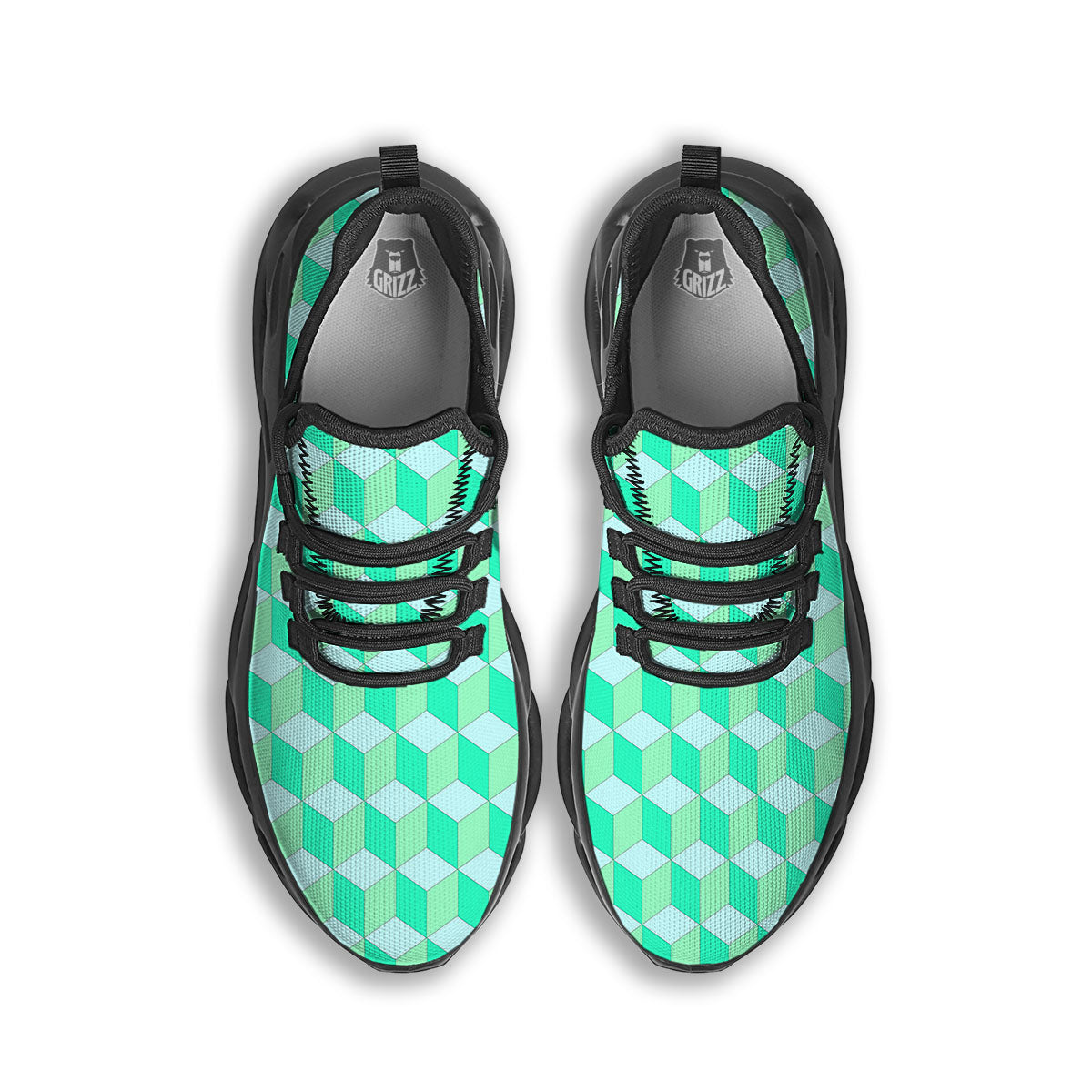 Cube Shape Green Geometric Print Pattern Black Running Shoes-grizzshop
