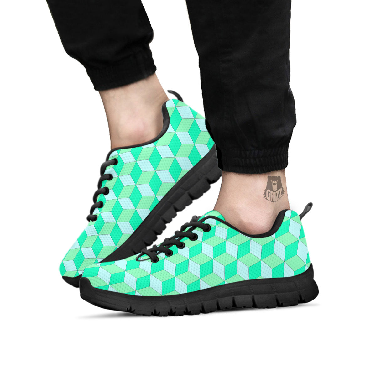 Cube Shape Green Geometric Print Pattern Black Sneaker-grizzshop