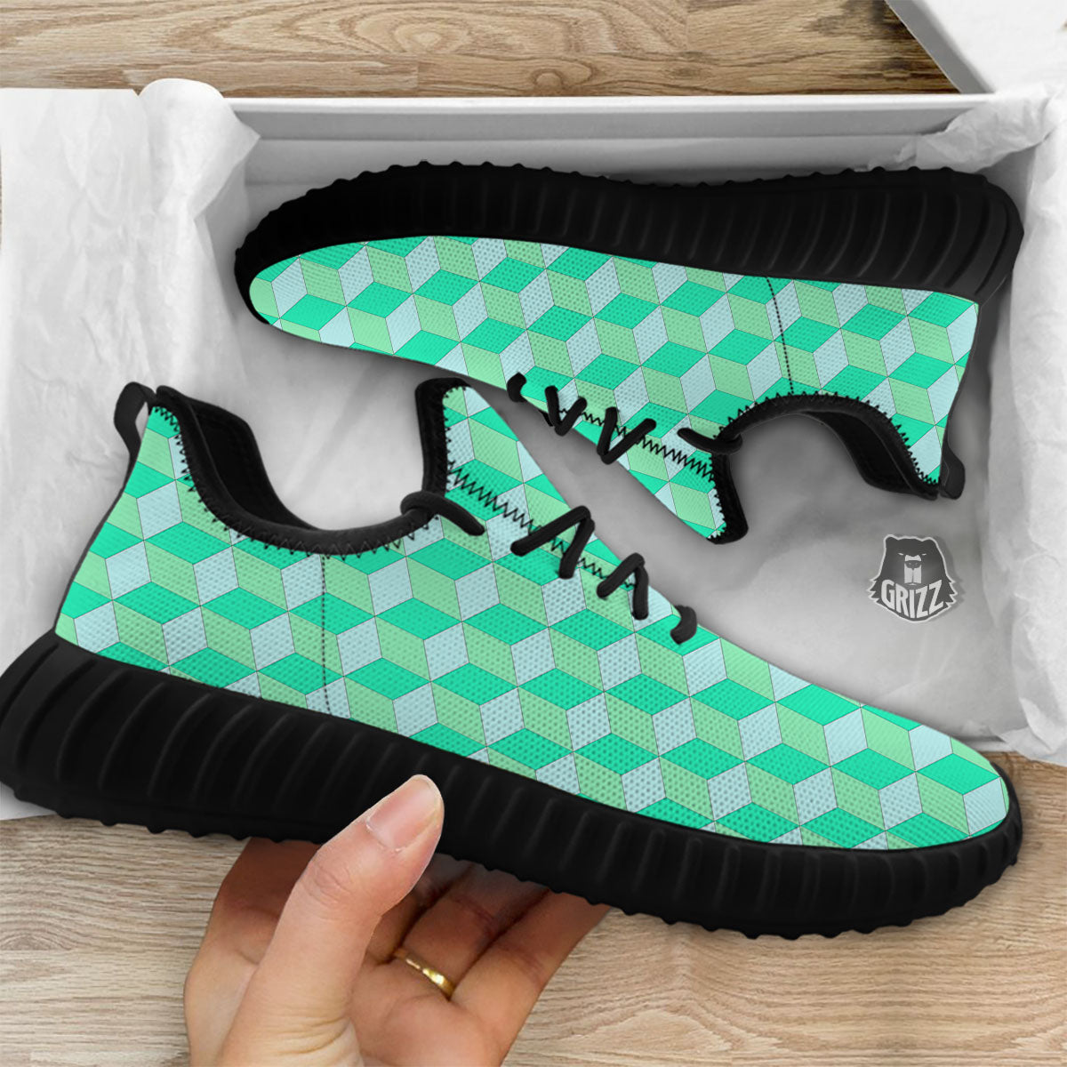 Cube Shape Green Geometric Print Pattern Black Walking Shoes-grizzshop