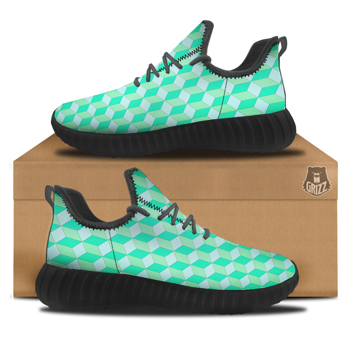 Cube Shape Green Geometric Print Pattern Black Walking Shoes-grizzshop