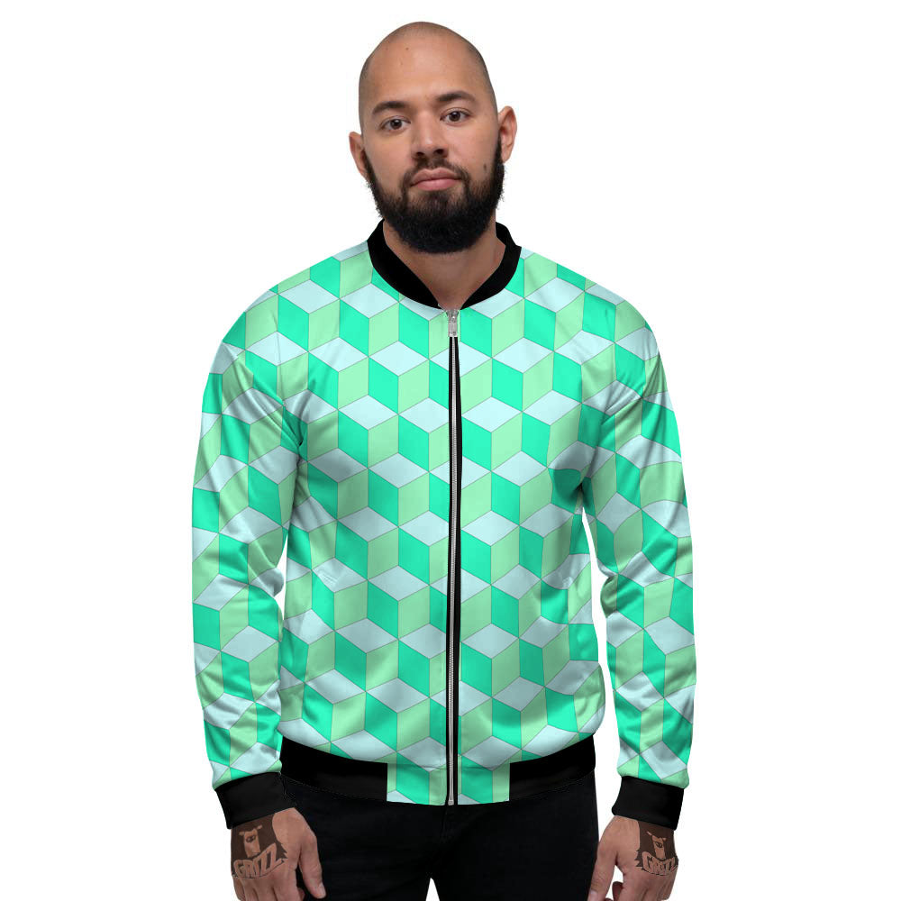 Cube Shape Green Geometric Print Pattern Men's Bomber Jacket-grizzshop