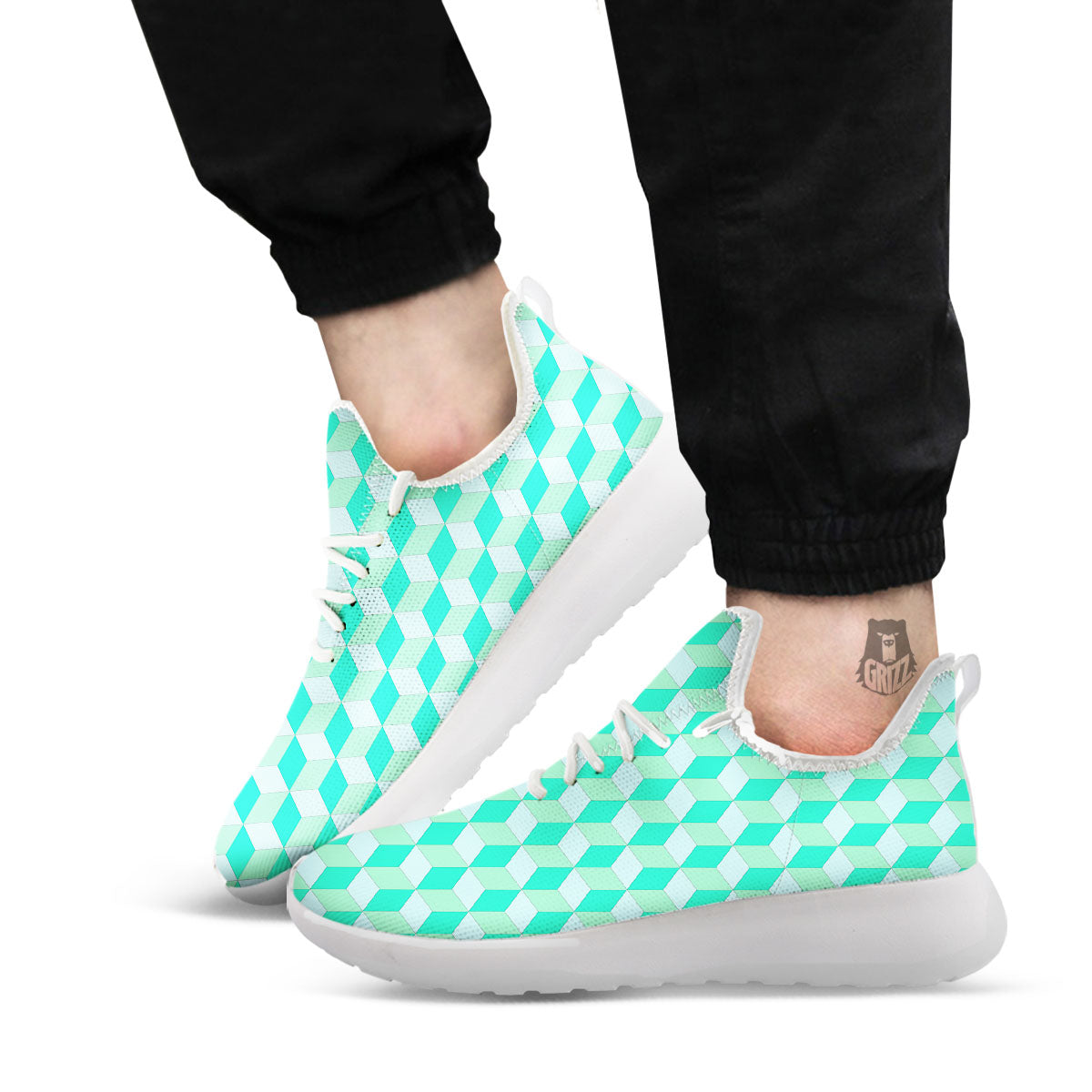Cube Shape Green Geometric Print Pattern White Athletic Shoes-grizzshop