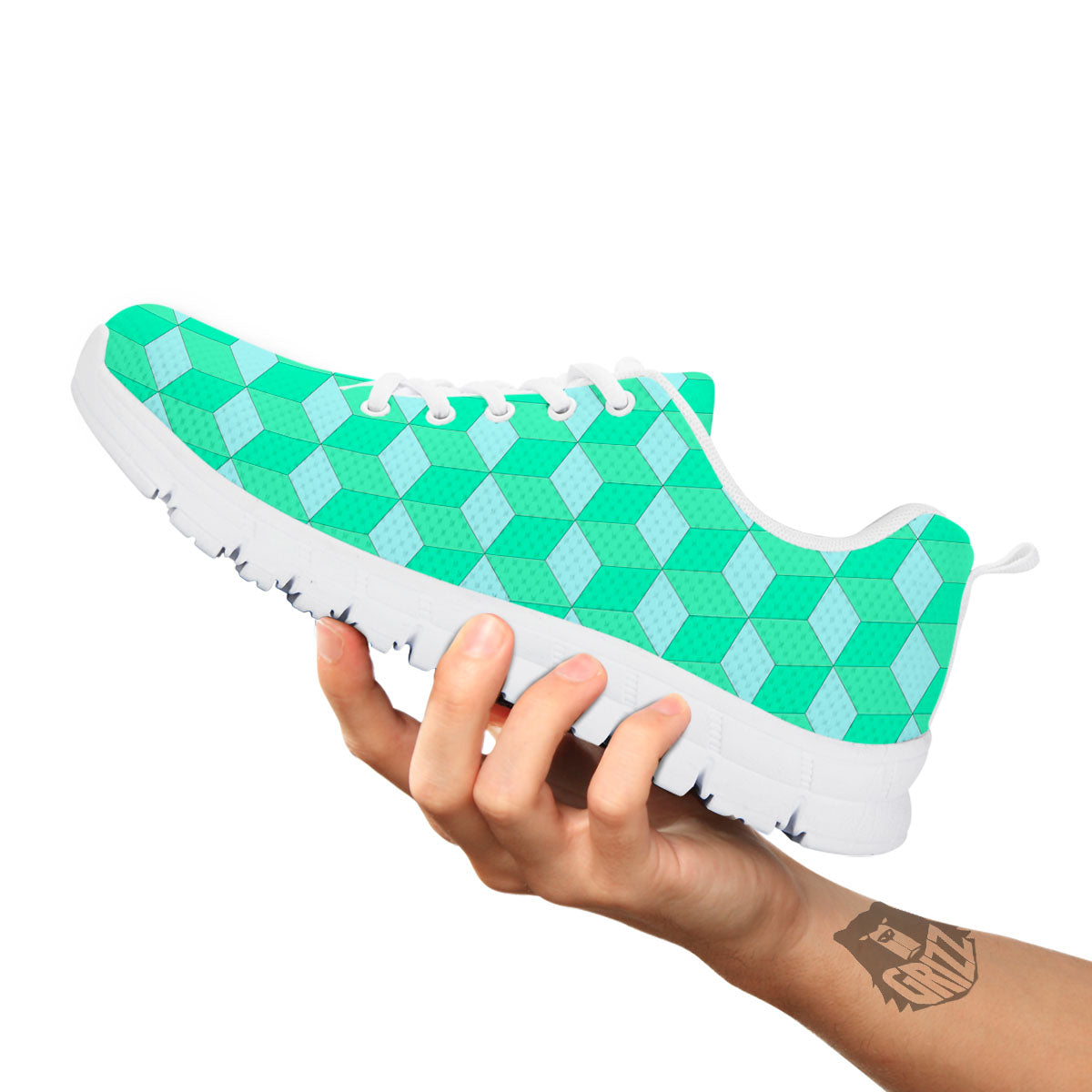 Cube Shape Green Geometric Print Pattern White Sneaker-grizzshop