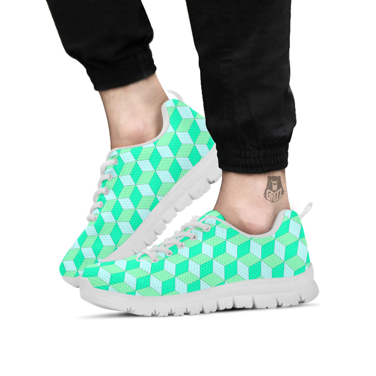 Cube Shape Green Geometric Print Pattern White Sneaker-grizzshop