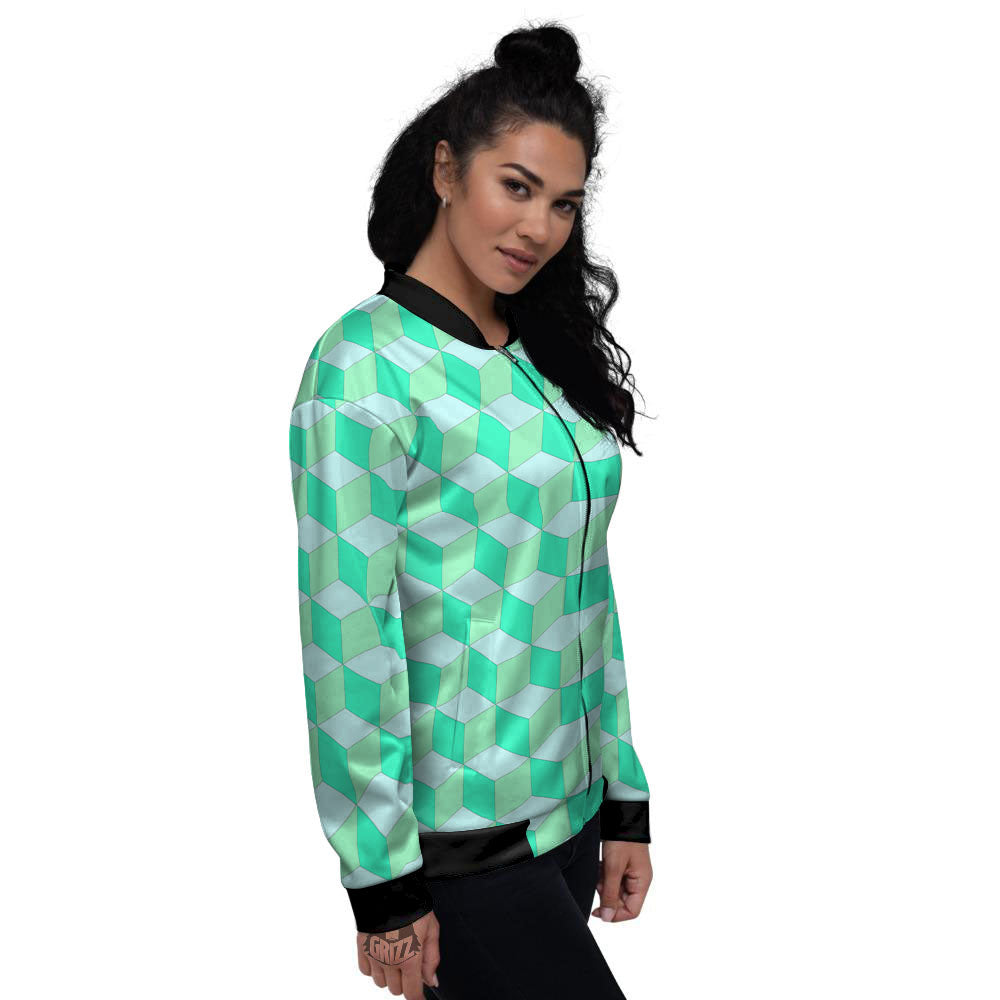 Cube Shape Green Geometric Print Pattern Women's Bomber Jacket-grizzshop