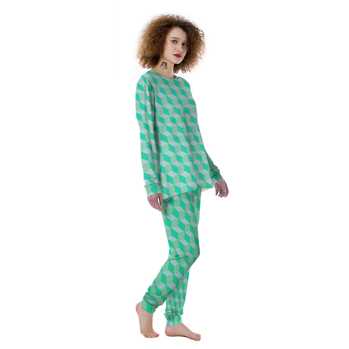 Cube Shape Green Geometric Print Pattern Women's Pajamas-grizzshop