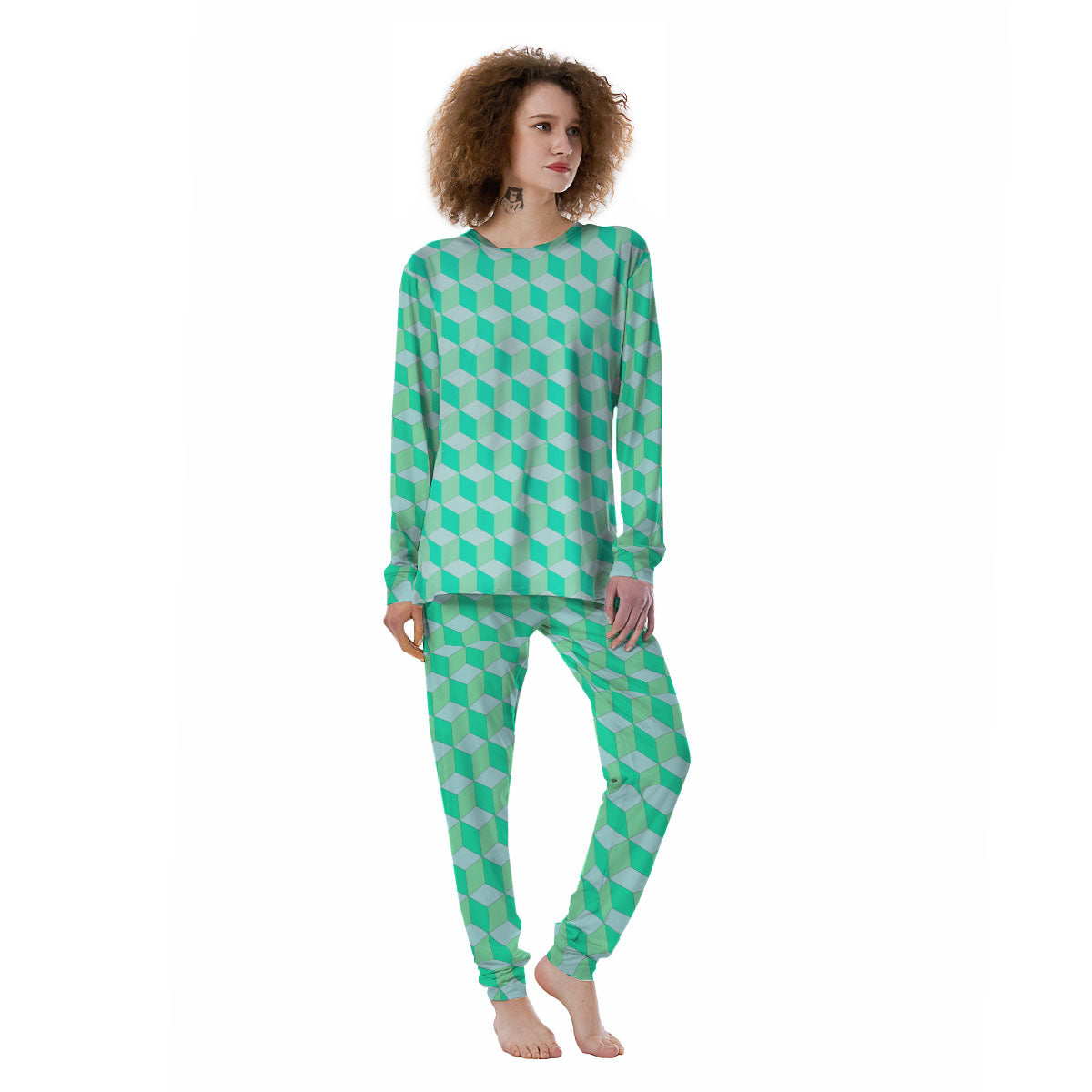 Cube Shape Green Geometric Print Pattern Women's Pajamas-grizzshop